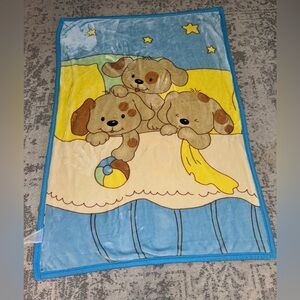 Vintage Baby Blanket Mink Minky Plush Puppies Spotted Dogs Blue Yellow 52x38.5